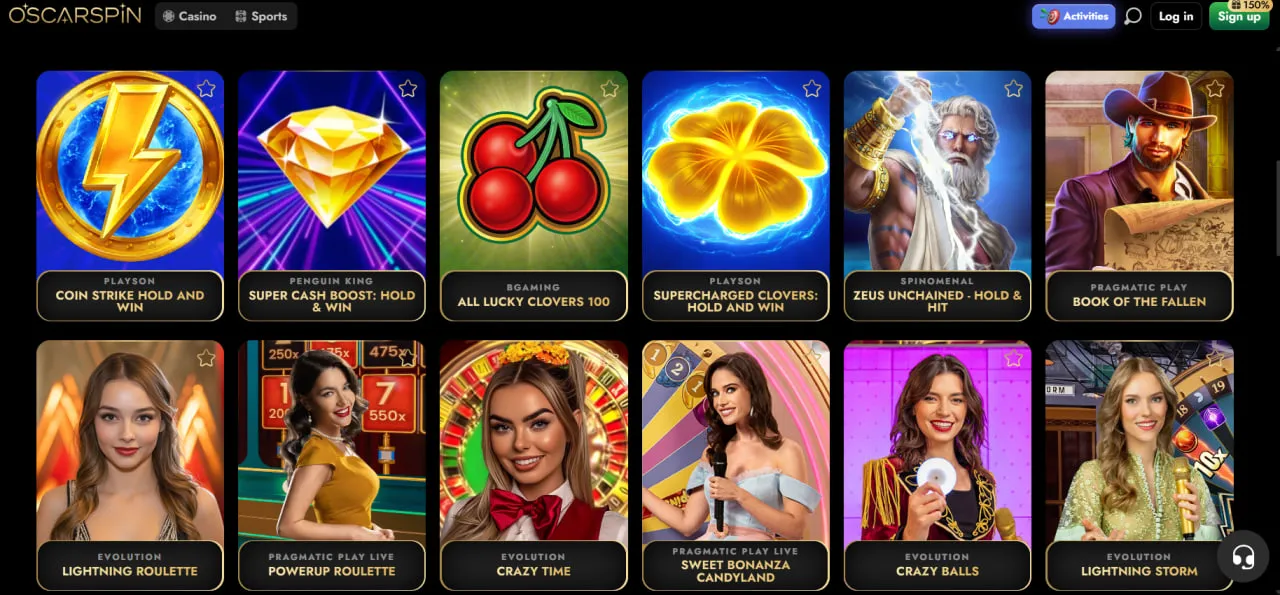 Screenshot der Spielauswahl im Oscarspin Casino